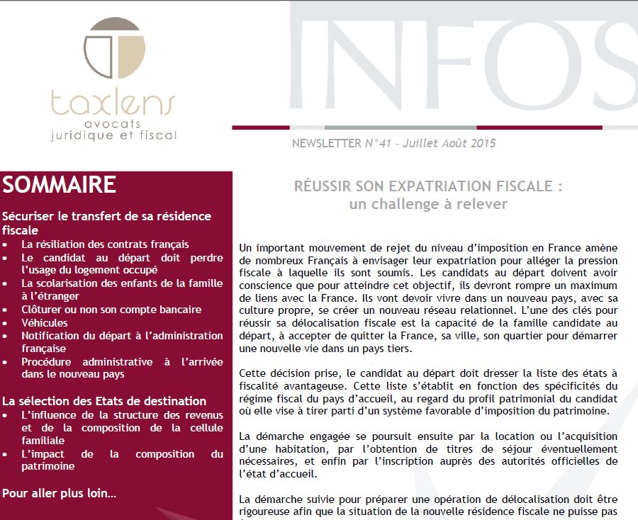 Newsletter Juillet-Aout 2015 - Réussir son expatriation fiscale